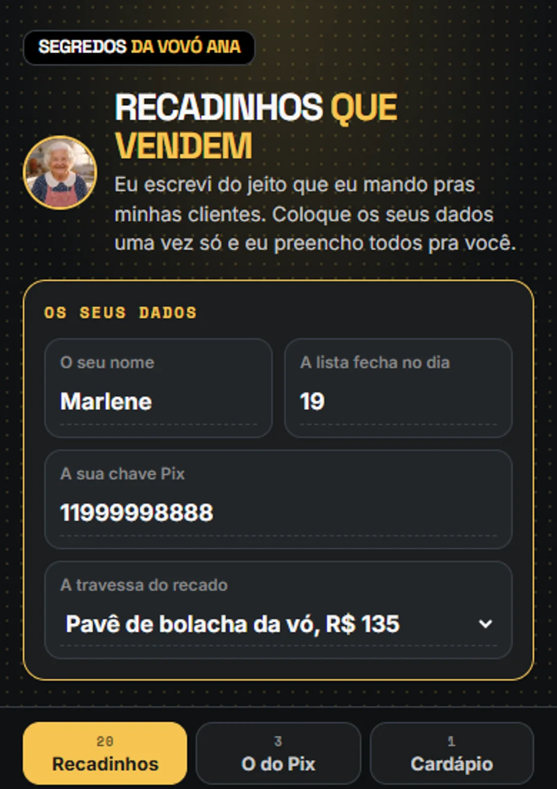 Tela dos Recadinhos que Vendem no celular